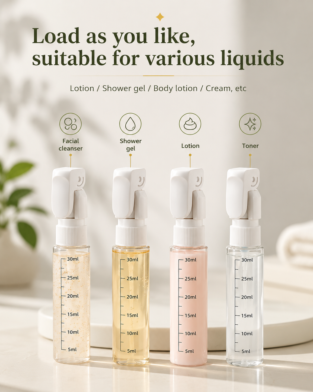 4-in-1 Travel Dispenser — Leak-Proof Refillable Bottles for Shampoo, Conditioner, Lotion & Perfume