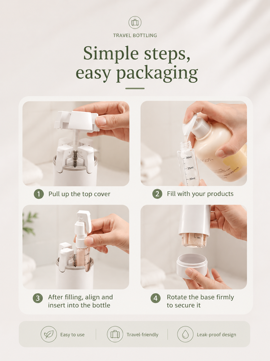 4-in-1 Travel Dispenser — Leak-Proof Refillable Bottles for Shampoo, Conditioner, Lotion & Perfume