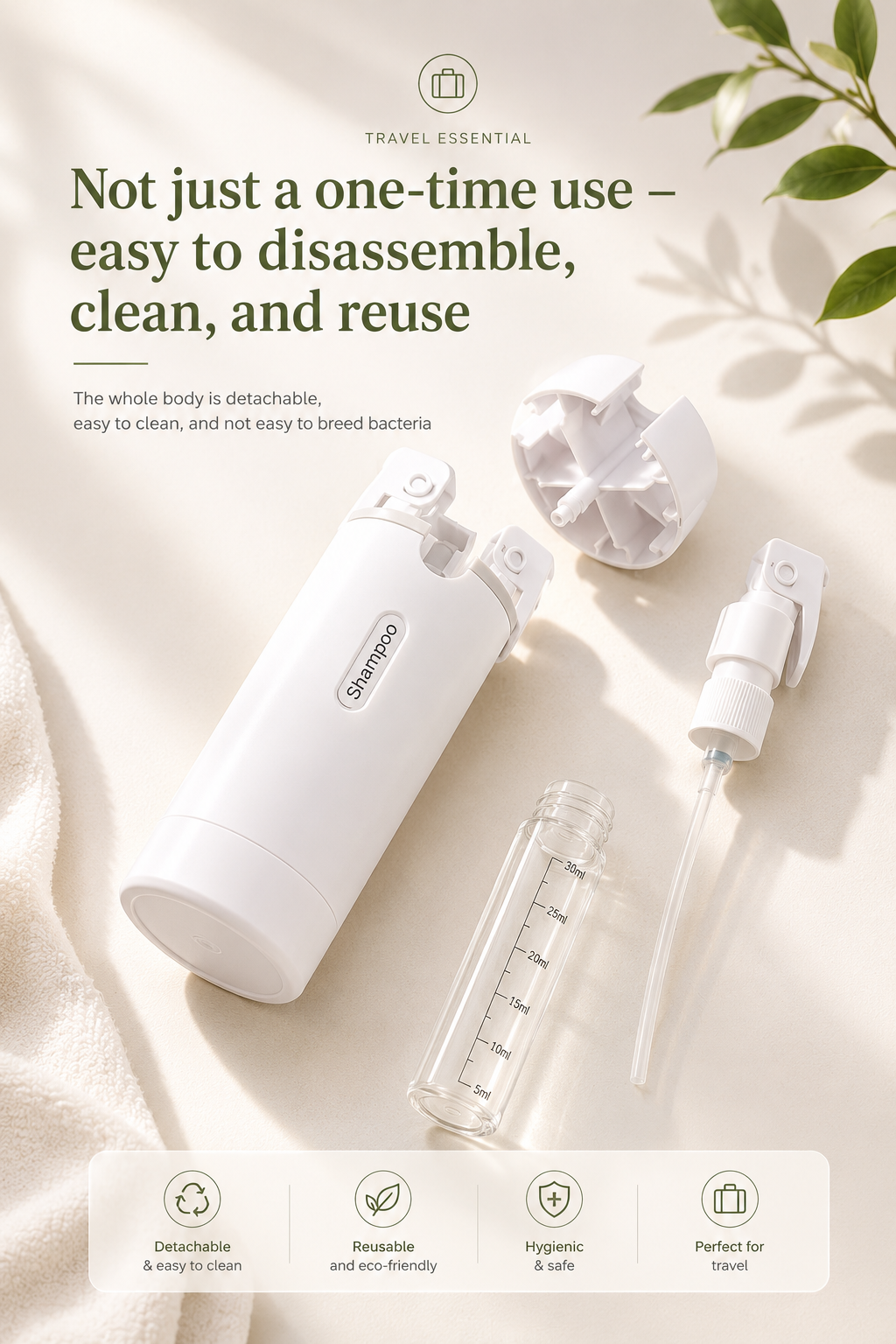 4-in-1 Travel Dispenser — Leak-Proof Refillable Bottles for Shampoo, Conditioner, Lotion & Perfume