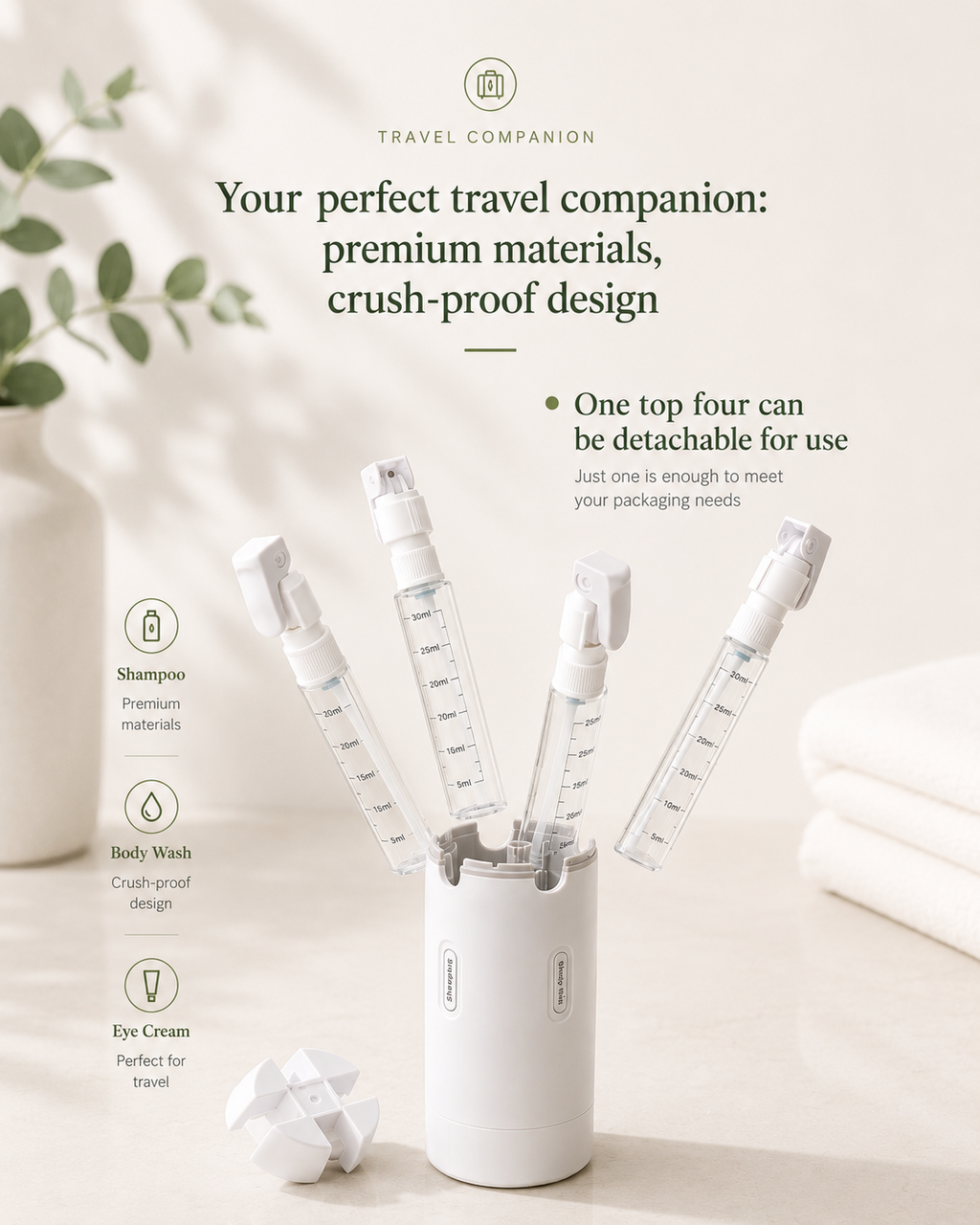 4-in-1 Travel Dispenser — Leak-Proof Refillable Bottles for Shampoo, Conditioner, Lotion & Perfume