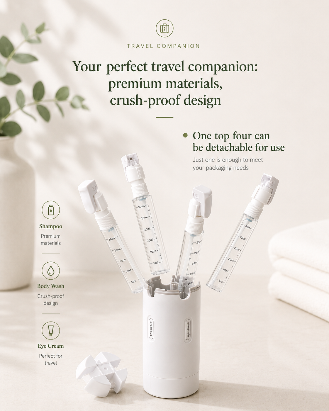 4-in-1 Travel Dispenser — Leak-Proof Refillable Bottles for Shampoo, Conditioner, Lotion & Perfume