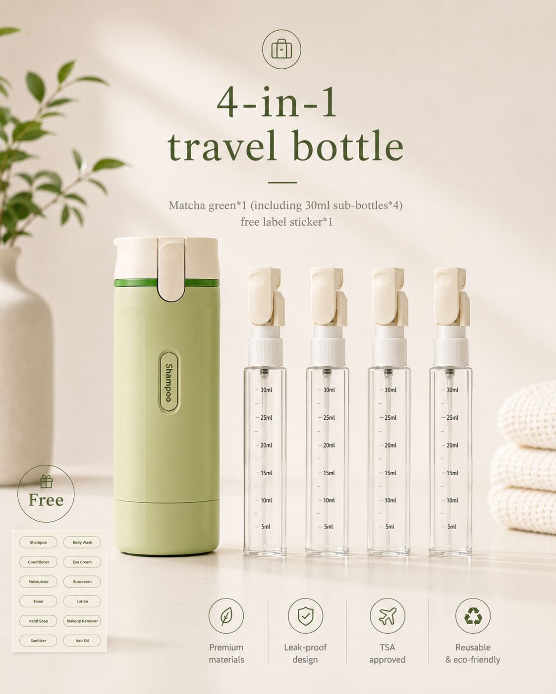 4-in-1 Travel Dispenser — Leak-Proof Refillable Bottles for Shampoo, Conditioner, Lotion & Perfume